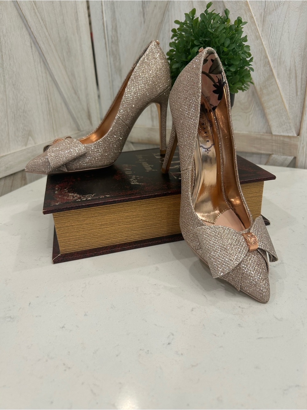 Ted Baker Champagne Glitter Bow Pointed-Toe Heels